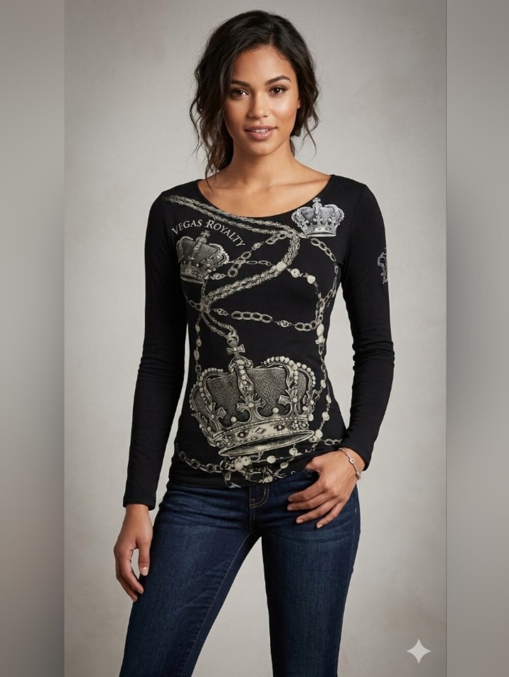 Vegas Royalty Y2K Studded Bling Crown Scoop Neck Long Sleeve Top - Black, Small